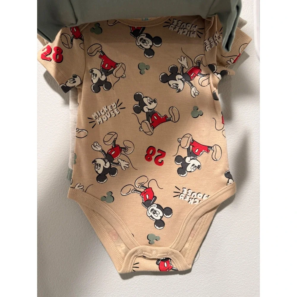 Disney Baby Mickey Mouse 3 Pack Bodysuits Sage Tan Grey 6-9 Months NEW